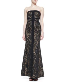 Womens Strapless Embroidered Mesh Gown   ML Monique Lhuillier   Black/Nude (6)