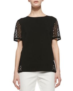 Womens Short Sleeve Sweater with Eyelet Detail   Lafayette 148 New York  