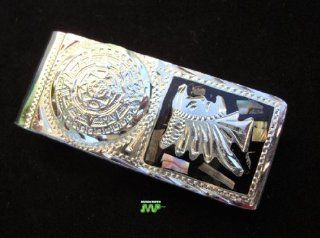 Sterling Silver .925 Money Clip, featuring [Aztec Calendar & Face Artwork] Hand Made Mexico Excellent Design with gemstone Mexican Tasco Silver, Nice 