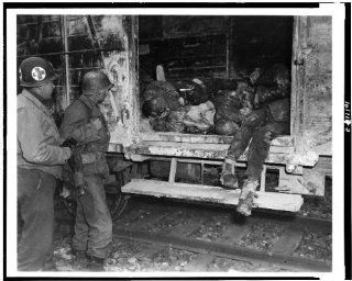 Photo: US soldiers looking, dead prisoner, railroad train, concentration camp, Germany, 1945   Prints