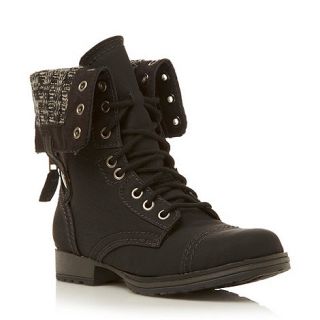 Head Over Heels by Dune Black plain synthetic reslee fold over top military boots