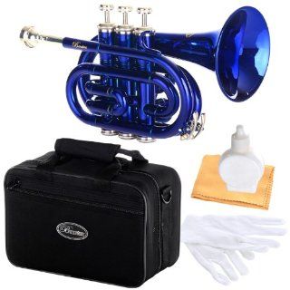 Barcelona B Flat Pocket Trumpet with Case, Polishing Cloth, Gloves, and Valve Oil   Blue: Musical Instruments