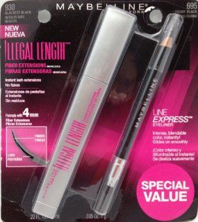 Maybelline New York Illegal Length Fiber Extensions Waterproof Mascara + Eyeliner, Blackest Black [Pack of 4]   NEW : Beauty