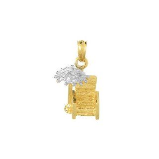 14k Gold Necklace Charm Pendant, .06 Dwt 3d Beach Chair And Umbrella With Diamon: Jewelry