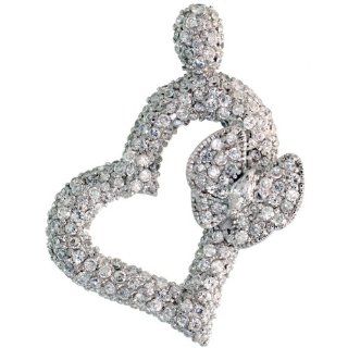 Sterling Silver Heart & Butterfly Pendant w/ Pave CZ Stones, 1 1/2 inch (40 mm) tall: Jewelry