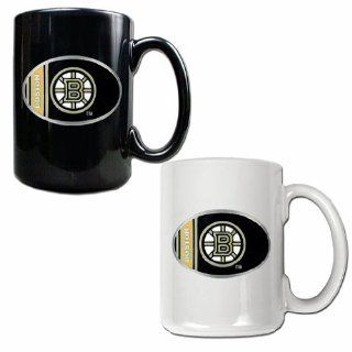 Boston Bruins NHL 2pc 15oz Ceramic Mug Set   One Black Mug & One White Mug with Oval Logo: Sports & Outdoors