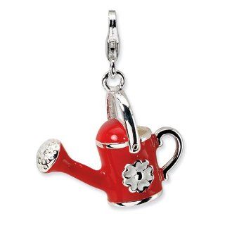 Sterling Silver 3 D Enameled Red Watering Can with Lobster Clasp Charm: Clasp Style Charms: Jewelry