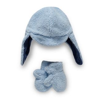 bluezoo Babies pale blue fleece trapper hat and mittens set