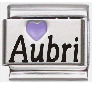 Aubri Purple Heart Laser Name Italian Charm Link: Jewelry