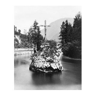 1800s photo Island in Traun River near Ischl . Boulder with crucifix, in Trau d6   Photographs