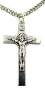 Saint St Benedict 1" Silver Tone Cross Crucifix Protection Medal with 24" Endless Chain Necklace: Jewelry