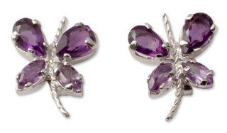 Amethyst button earrings, 'Slender Butterfly'   Sterling Silver and Amethyst Earrings Birthstone Jewelry: Stud Earrings: Jewelry