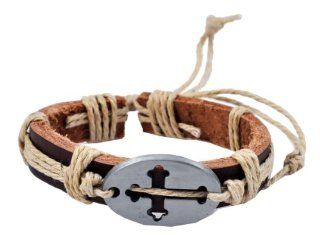 Brown Leather Metal Christian Cross Leather Bracelet / Leather Wristband / Surf Bracelet, #133: Jewelry