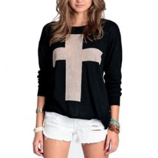 Uoften Womens The Cross Pattern Knit Sweater Outwear Crew Pullover Tops (Black): Clothing