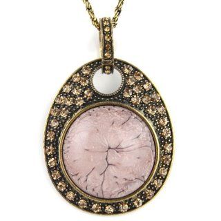 Mystical Moon   Egg Shaped Pendant   Fractured Gel Inlay   Dusty Rose Pink   Champagne Jeweled Accents   Brass Necklace: Jewelry
