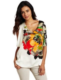 Kenneth Cole New York Women's Petite Placed Peony Print Asymmetric Top, Flame Combo, X Small