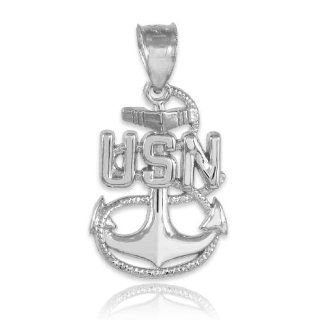 US Navy 14k White Gold Fouled Anchor Pendant: Jewelry