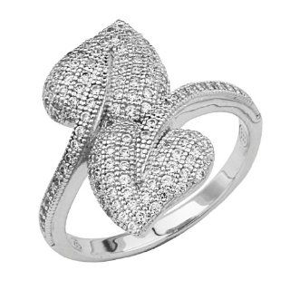 .925 Sterling Silver Micro Pave Cubic Zirconia Double Leaves Design Fashion Ring Band (Size 5 to 9): Jewelry