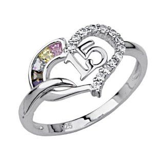 .925 Sterling Silver CZ Sweet 15 Heart Womens Ring: The World Jewelry Center: Jewelry