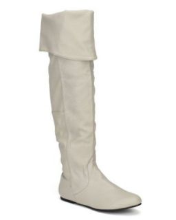 Qupid Proud 09 Leatherette Almond Toe Slouchy Thigh High Boot Side Zipper Fold Down Cuffs   Light Grey: Shoes