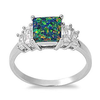 Five Stone Square Cut Fire Lab Opal and Crystal Clear CZ Ring in Sterling Silver: NakedJewelryLA Jewelry