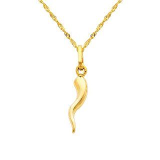 14K Yellow Gold Small Cornicello Italian Horn Charm Pendant with Yellow Gold 1.2mm Singapore Chain with Spring Ring Clasp   16" Inches   Pendant Necklace Combination: Goldenmine: Jewelry