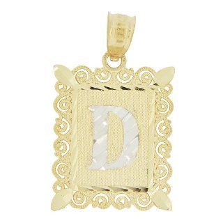 14k Yellow Gold White Rhodium, Initial Letter D Pendant Charm Sparkly Classic and Fancy Filigree Design: Jewelry