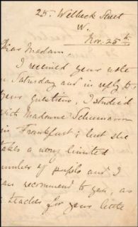 [Schumann, Clara. (1819 1896)] Davies, Fanny. (1861   1934). Autograph Letter regarding lessons with Clara Schumann.: Entertainment Collectibles