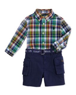 Plaid Shirt & Cargo Shorts Set, Navy, 9 24 Months   Ralph Lauren Childrenswear  