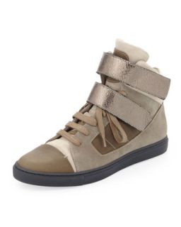 Suede High Top Sneaker, Taupe/Gunmetal   Brunello Cucinelli   Taupe (37.0B/7.0B)
