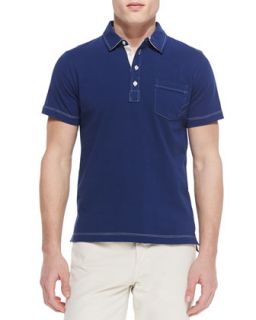 Mens Contrast Topstitching Polo Shirt   Billy Reid   Blue (LARGE)