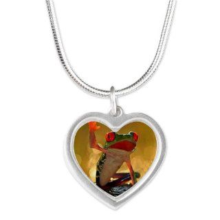 CafePress tree frog saying hi Silver Heart Necklace   Standard Silver: Pendant Necklaces: Jewelry