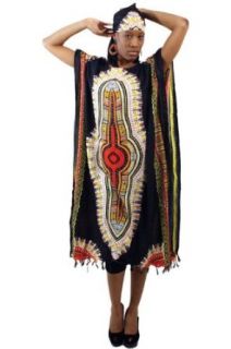 Traditional African Print Variation Rayon Caftan Kaftan with Matching Headwrap   Available in Several Fashion Colors (Black): Clothing