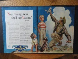 Goodyear Aircraft. 40's print ad. 20 1/2" x 14" [2 full page centerfold] Color Illustration ("Your young men shall see Visions" Joel 2:28/airman, 2 boys and dog.) Original Vintage 1943 Collier's Magazine Print Art. : Everything 