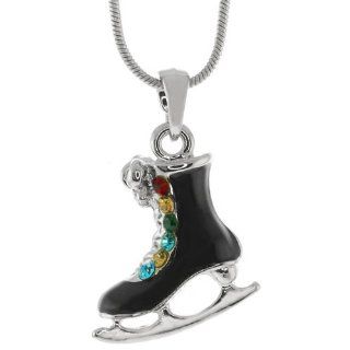 Blade Ice Skate Shoe With Multi Color Crystal Silver Pendant and 16" Snake Chain: Jewelry