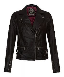 Black Leather Buckle Hem Biker Jacket