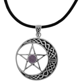 CGC Silverplated Amethyst Glass Celtic Moon and Star Pentacle Pendant
