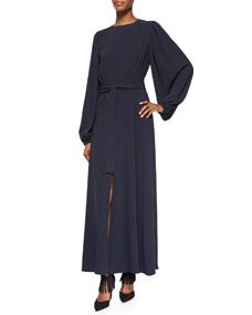 Co Peasant Sleeve Front Slit Belted Dress