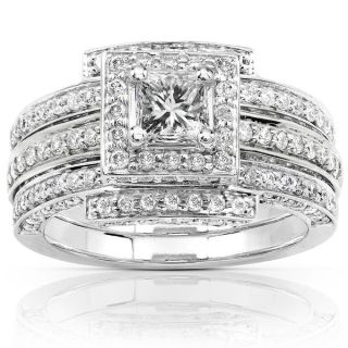 Annello 14k White Gold 1 1/2ct TDW Diamond Princess Halo Bridal Ring