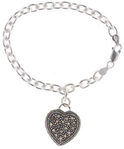 Glitzy Rocks Sterling Silver Marcasite Heart Charm Bracelet