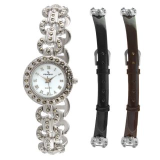 Peugeot Womens Silvertone Marcasite Interchangeable Strap Watch