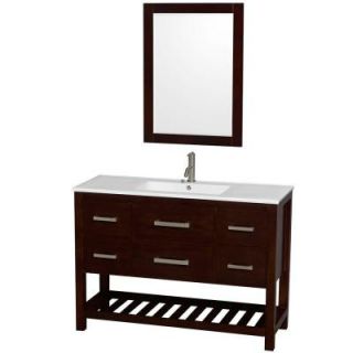 Wyndham Collection Natalie 48 in. Vanity in Espresso with Porcelain Vanity Top in White, Integrated White Sink and 24 in. Mirror WCS211148SESWPINTM24