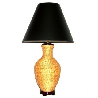 Woven Grass Over Ceramic Table Lamp with Black Empire Shade