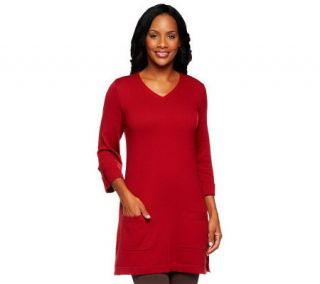 As Is Denim & Co. V neck 3/4 Tab Sleeve Sweater Tunic with Pockets   A253342 —