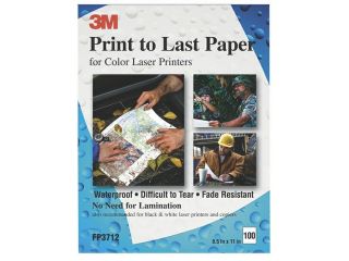 3M Print to Last Coated Waterproof Paper for Laser Printer, 8 1/2x11, White, 100/Bx