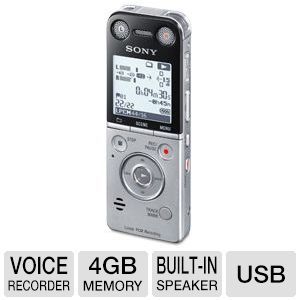 Sony Digital Voice Recorder   USB Direct Connect, 4GB Memory, LCD Display, MP3 Recording, VOR, Scene Select, Low Cut Filter, Digital Noise Canceling, Built in Speaker    ICDSX733