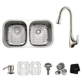 KRAUS All in One Undermount Stainless Steel 32.25 in. Double Bowl Kitchen Sink and Faucet Set KBU22 KPF1621 KSD30SS