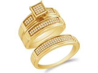 .925 Silver Plated in Yellow Gold Diamond His & Hers Trio Set   Square Shape Center Setting w/ Micro Pave Set Round Diamonds   (1/3 cttw, G H, SI2)   SEE "OVERVIEW" TO CHOOSE BOTH SIZES