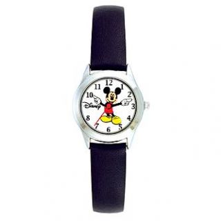 Disney Mickey Mouse Watch with Round White Dial and Black Leather Band
