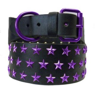 Platinum Pets 31 in. Black Genuine Leather Dog Collar in Purple Stars LC31INPURSTR